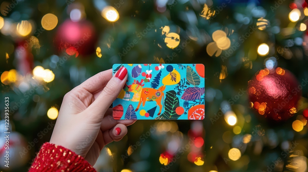 A hand holding a gift card with a background of holiday decorations