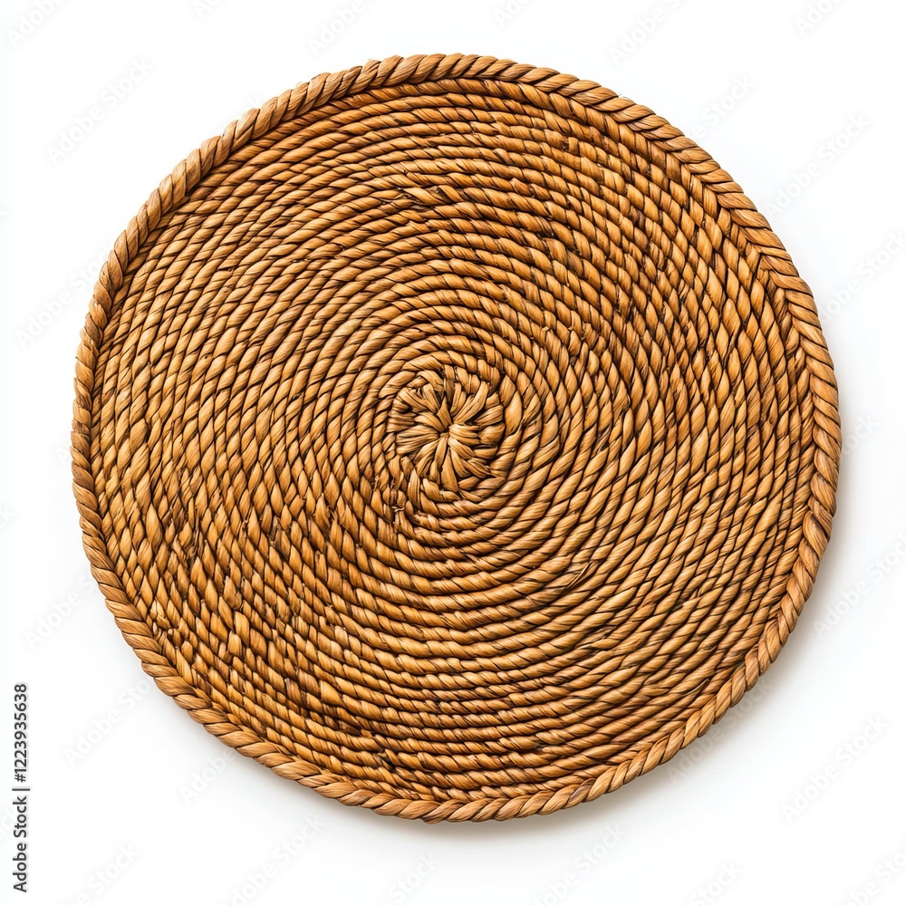 Fototapeta premium Round woven rattan tray, top view. (1)