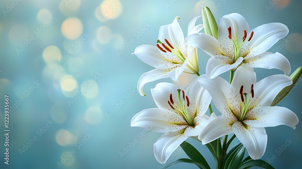 A bouquet of white lilies against a light background with space for text, minimalistic, bright tone, modern blurred backdrop, and empty caption space on the side
A bouquet of white lilies against a light background with space for text, minimalistic, bright tone, modern blurred backdrop, and empty caption space on the side