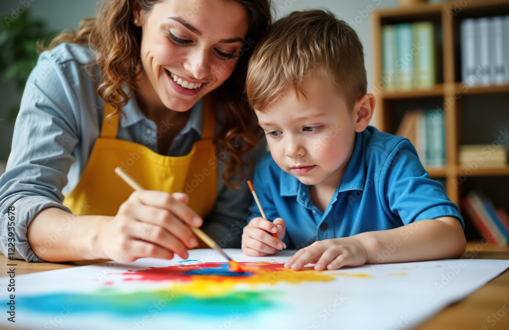 Young woman teacher helps schoolboy with down syndrome paint. In classroom. Child concentrates on art activity. Happy, caring environment created for learning, development. Adult provides support to Young woman teacher helps schoolboy with down syndrome paint. In classroom. Child concentrates on art activity. Happy, caring environment created for learning, development. Adult provides support to