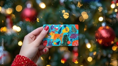 Obraz na płótnie A hand holding a gift card with a background of holiday decorations w salonie