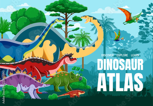 Cartoon prehistoric dinosaur characters atlas book cover vector template. Funny dino animals, jurassic reptiles and extinct birds in jungle forest. Cute carnotaurus, shansisuchus, tapejara dinosaurs