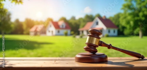 Wooden gavel sits on wooden table in front of sold-out houses. Real estate auction concept. Property sale process. Legal action related to property. Investment opportunity. High demand for housing.