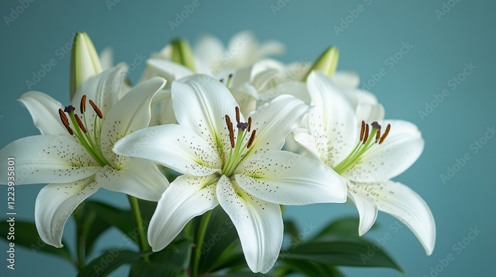 Fototapeta premium A bouquet of white lilies against a light background with space for text, minimalistic, bright tone, modern blurred backdrop, and empty caption space on the side
