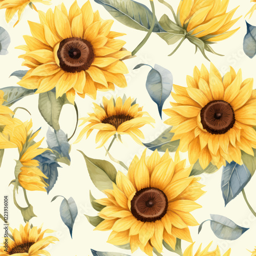 Cute sunflowers with watercolor-style leaves watercolor seamless pattern. Watercolor print in rustic vintage style, textile or wallpapers.