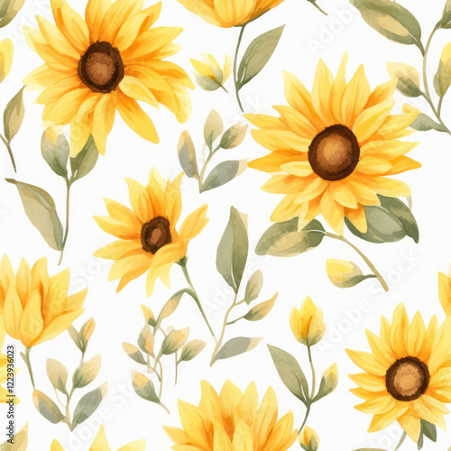 Cute sunflowers with yellow petals and green leaves, watercolor seamless pattern. Watercolor print in rustic vintage style, textile or wallpapers.