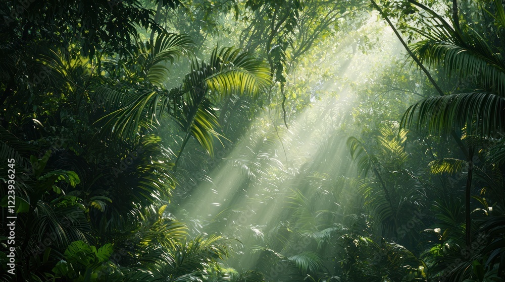 A lush green forest canopy with sunlight filtering through the leaves.