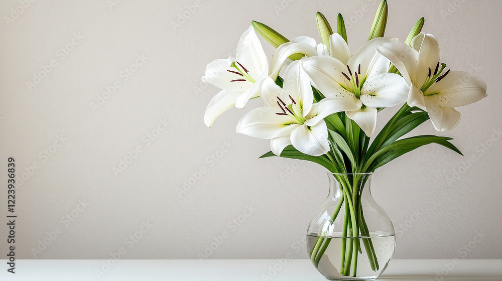 A bouquet of white lilies against a light background with space for text, minimalistic, bright tone, modern blurred backdrop, and empty caption space on the side
A bouquet of white lilies against a light background with space for text, minimalistic, bright tone, modern blurred backdrop, and empty caption space on the side