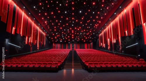 Modern red cinema auditorium with rows of seats and a starry ceiling.