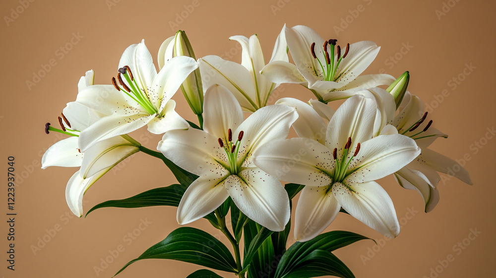 Fototapeta premium A bouquet of white lilies against a light background with space for text, minimalistic, bright tone, modern blurred backdrop, and empty caption space on the side