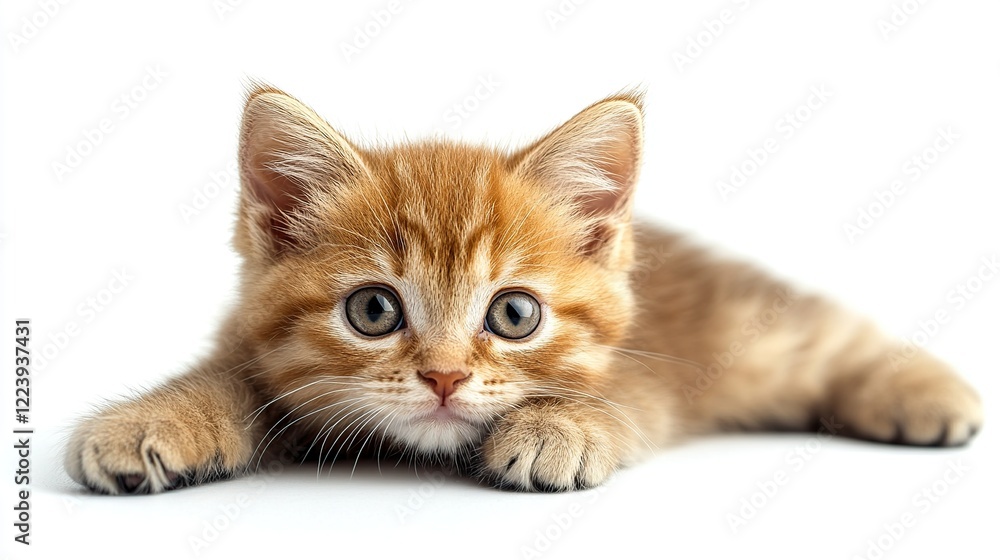 Cute ginger kitten, lying down, white background, pet adoption Cute ginger kitten, lying down, white background, pet adoption