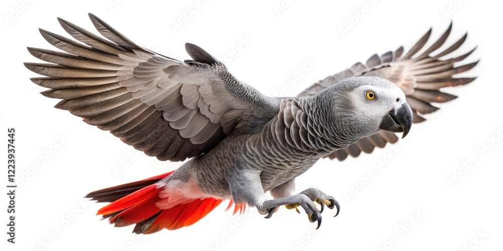 Fototapeta premium African Grey Parrot Flying, Bird Photography, PNG Image, White Background, Isolated Parrot, Avian, Wildlife, Pet Bird, Grey Parrot Flight