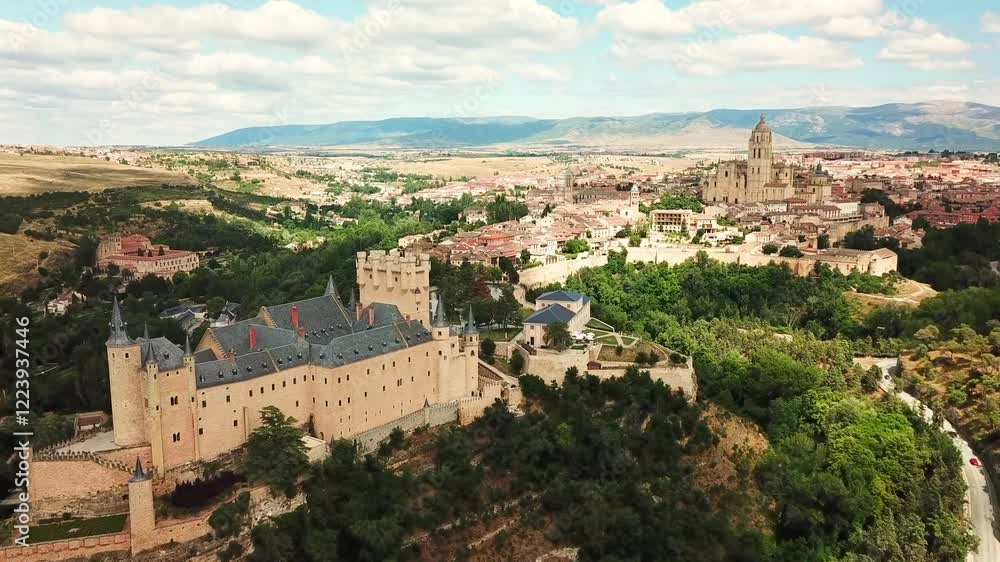 Aerial view of the Alcázar of Segovia and the Cathedral of Segovia rising above the cityscape and the surrounding landscape on a sunny day with some clouds, drone establishing shot Aerial view of the Alcázar of Segovia and the Cathedral of Segovia rising above the cityscape and the surrounding landscape on a sunny day with some clouds, drone establishing shot