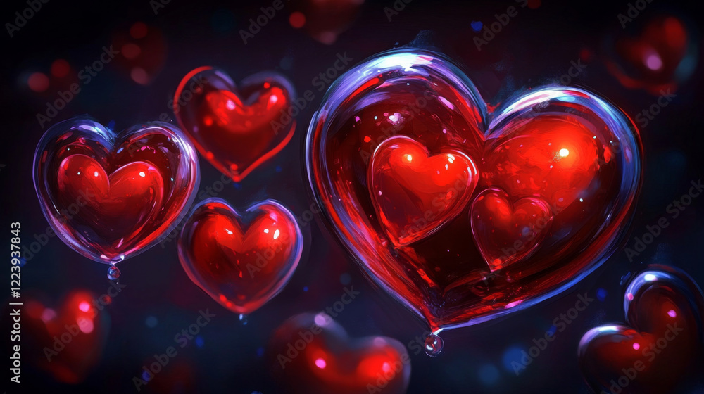 Red glass hearts floating in dark background, creating romantic atmosphere Red glass hearts floating in dark background, creating romantic atmosphere