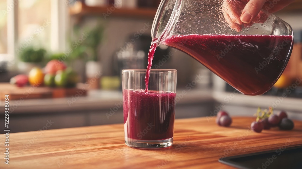 A pitcher of grape juice being poured into a glass on a wooden kitchen counter.