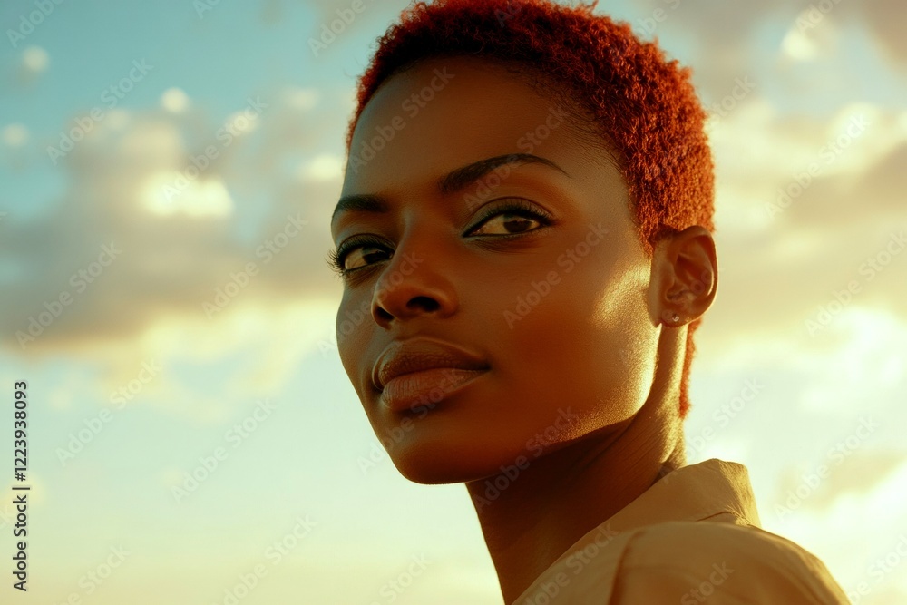 Commercial marketing pattern. Lovely calm black girl - for ads, drive poster and internet use. Short haircut - multicolored hair. Black model style. Colored hair campaign. African short hair. Commercial marketing pattern. Lovely calm black girl - for ads, drive poster and internet use. Short haircut - multicolored hair. Black model style. Colored hair campaign. African short hair.