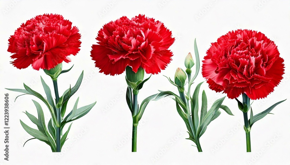 Set of red carnation schabaud flower, green stem, leaves on white Set of red carnation schabaud flower, green stem, leaves on white