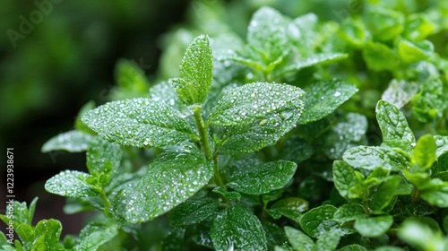 Obraz na płótnie A row of fresh herbs growing in a garden, with dew on the leaves w salonie
