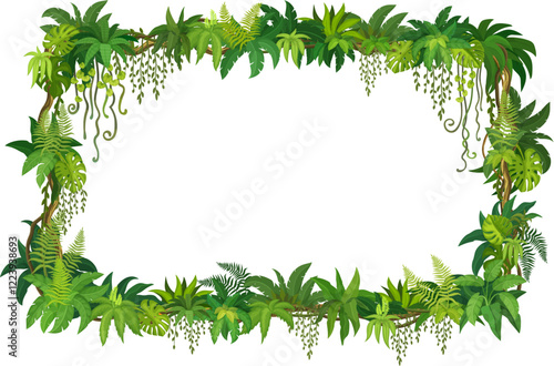 Frame of liana, jungle ivy and tropical rainforest vine leaves, vector background. Liana frame with vines of ivy leaf and monstera leaves or tropical creeping tree and jungle bindweed plant borders