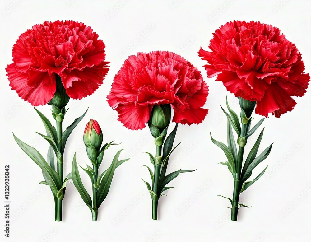 Set of red carnation schabaud flower, green stem, leaves on white Set of red carnation schabaud flower, green stem, leaves on white