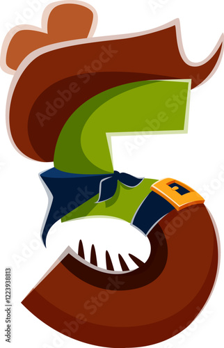 Cartoon number five with cowboy hat, neck scarf and pants. Isolated vector math symbol 5 ranger, western wild west font, typeface, type, sheriff alphabet evoking a sense of frontier adventure and fun