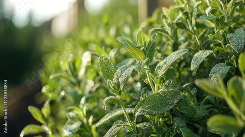A row of fresh herbs growing in a garden, with dew on the leaves
