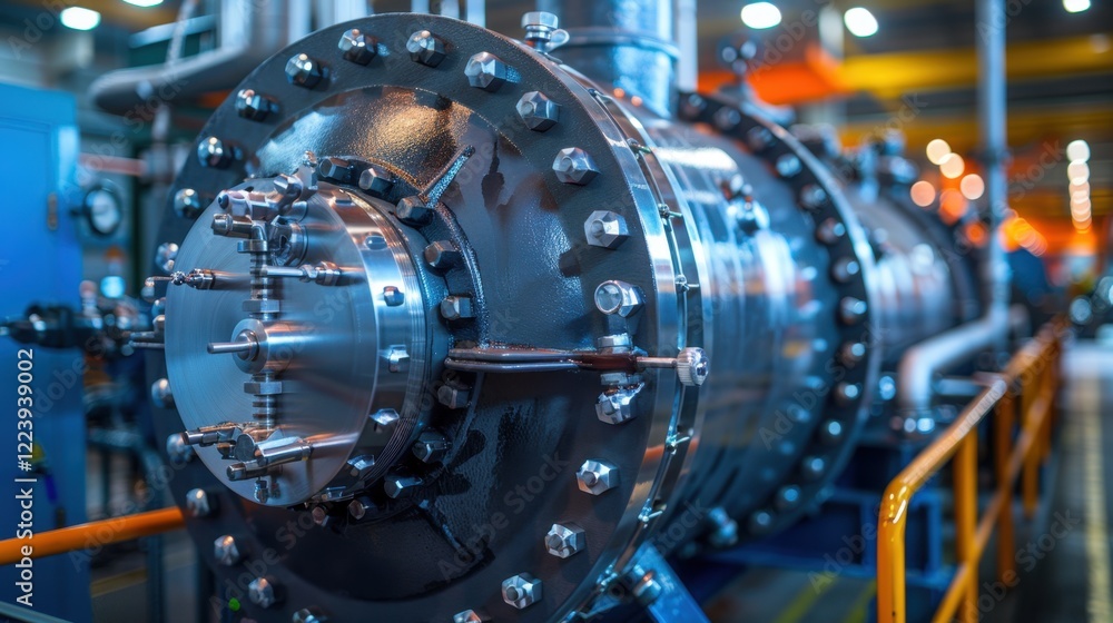 Fototapeta premium Industrial Boiler: A heavy-duty metal tank designed for heating and steam production in industrial settings, essential for powering equipment and manufacturing operations. 