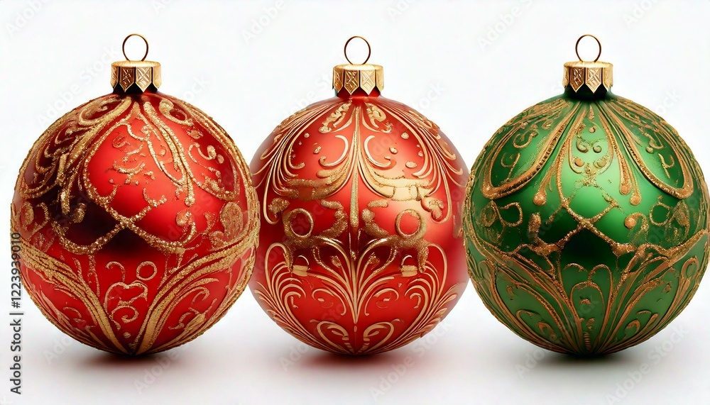 Set of red, green, gold Chirstmas ball isolated on white background, Set of red, green, gold Chirstmas ball isolated on white background,