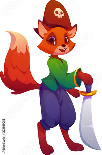 Cartoon funny fox animal pirate or corsair character in captain tricorne hat, vector personage. Caribbean pirate fox character or corsair and filibuster with saber sword in hat with Jolly Roger skull
