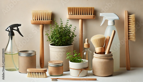 Sustainable Spring Cleaning Essentials - Bamboo Brushes, Reusable Jars, and Indoor Plants for an Eco-Friendly Home photo