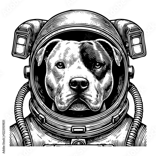 Dog wear astronaut suit sketch engraving black and white outline. Scratch board imitation.  illustrated in vintage line art style on a white background.
