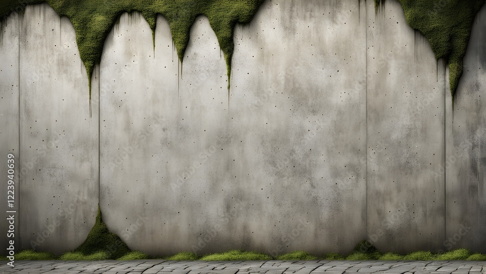 Obraz premium Grunge concrete wall background with mossy overgrowth and cracked cobblestone floor.