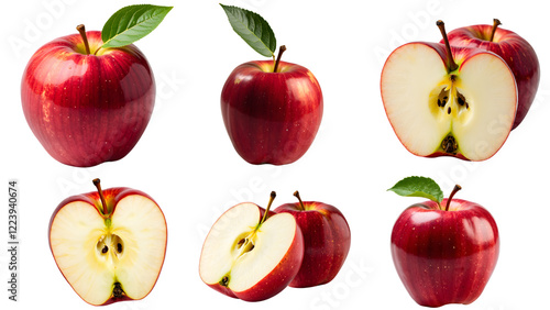 Set of Fresh Red Apples Whole and Sliced Isolated on White Background

