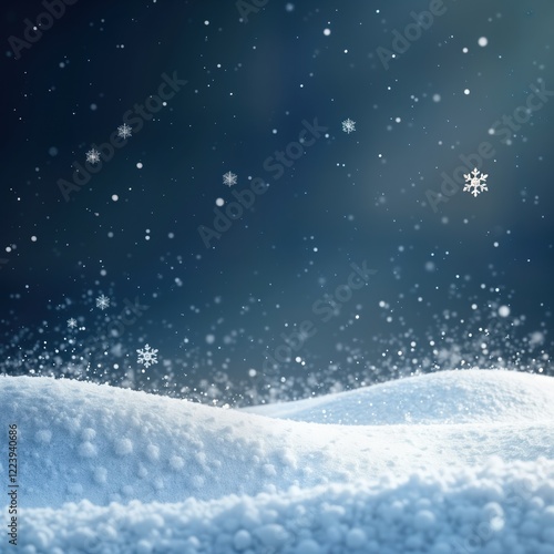 Wallpaper Mural Snowy landscape covered with soft white snow accumulation. Falling snowflakes create serene winter scene against dark blue sky. Winter storm in twilight. Peaceful evening view of snow-covered ground. Torontodigital.ca