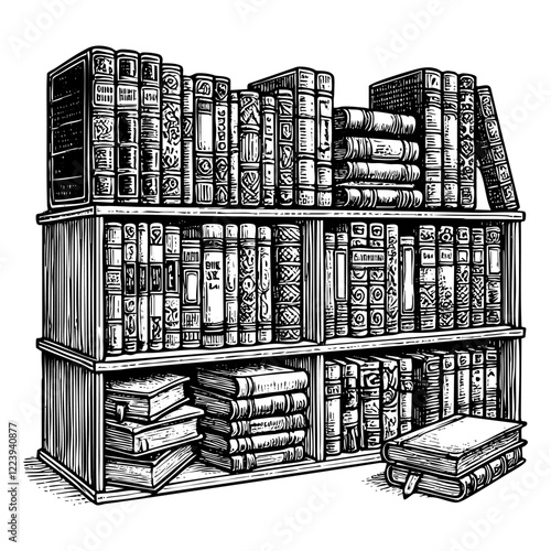 Bookshelf engraving black and white outline. Scratch board imitation.  illustrated in vintage line art style on a white background.

