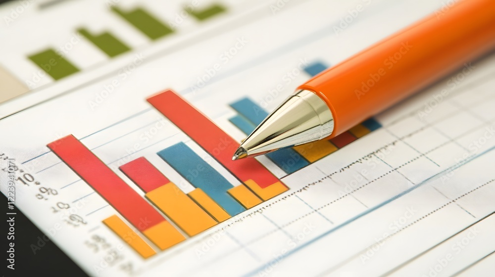 Close-up of a colorful graph on paper with a pen, illustrating data analysis concepts in a professional setting.