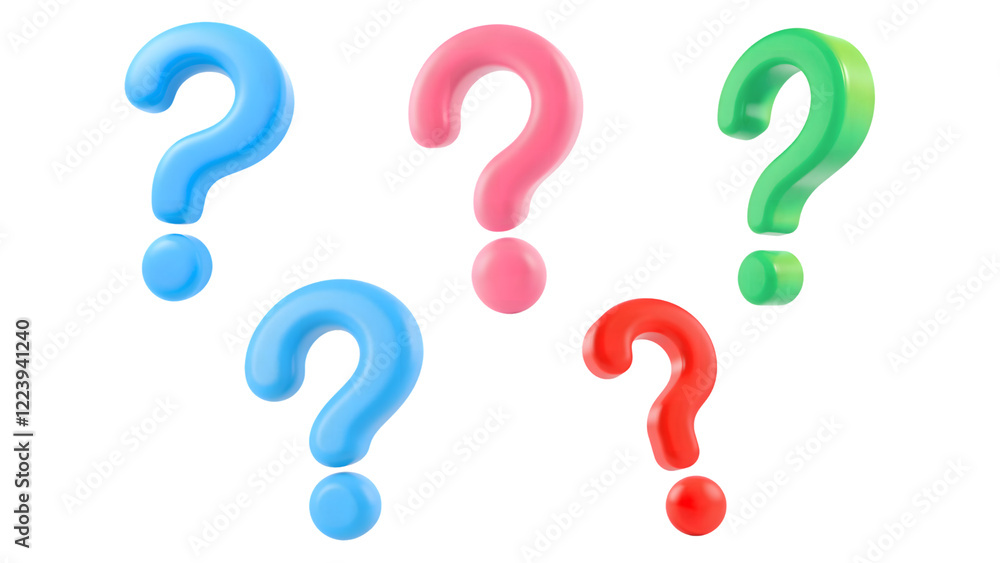 Set of Colorful 3D Question Marks in Blue, Pink, Green, and Red Isolated on White Background
Set of Colorful 3D Question Marks in Blue, Pink, Green, and Red Isolated on White Background