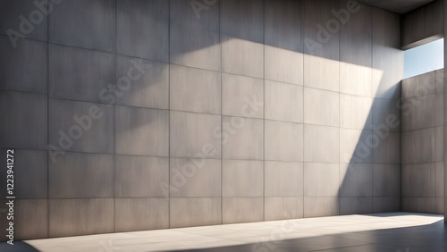 Sunlit minimalist interior with textured concrete tile walls and a high ceiling, ideal for modern design and architectural backgrounds.