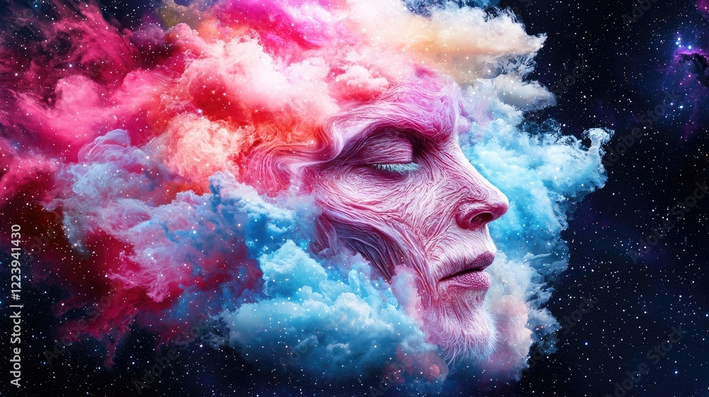 Serene cosmic face, nebula background, ethereal portrait, spiritual art Serene cosmic face, nebula background, ethereal portrait, spiritual art
