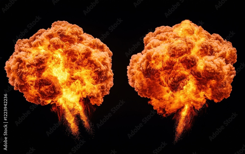 Fiery Explosions Isolated on Black Background A Pair of Dynamic Fire Blasts Fiery Explosions Isolated on Black Background A Pair of Dynamic Fire Blasts