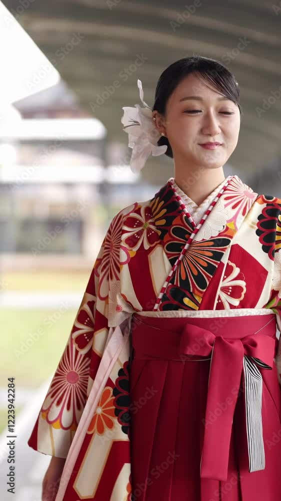 Young women in their twenties shoot video blogs at traditional graduation ceremony in Japan, wear HAKAMA (kimono), and walk in front of a traditional Japanese building. Young women in their twenties shoot video blogs at traditional graduation ceremony in Japan, wear HAKAMA (kimono), and walk in front of a traditional Japanese building.