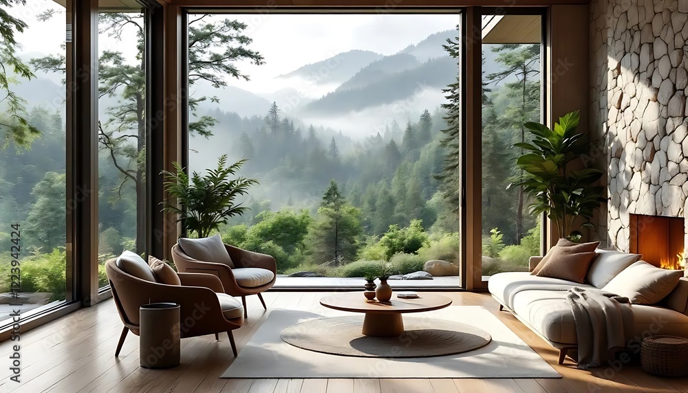 Fototapeta premium Serene Mountain View Living Room: Modern Design Meets Breathtaking Scenery