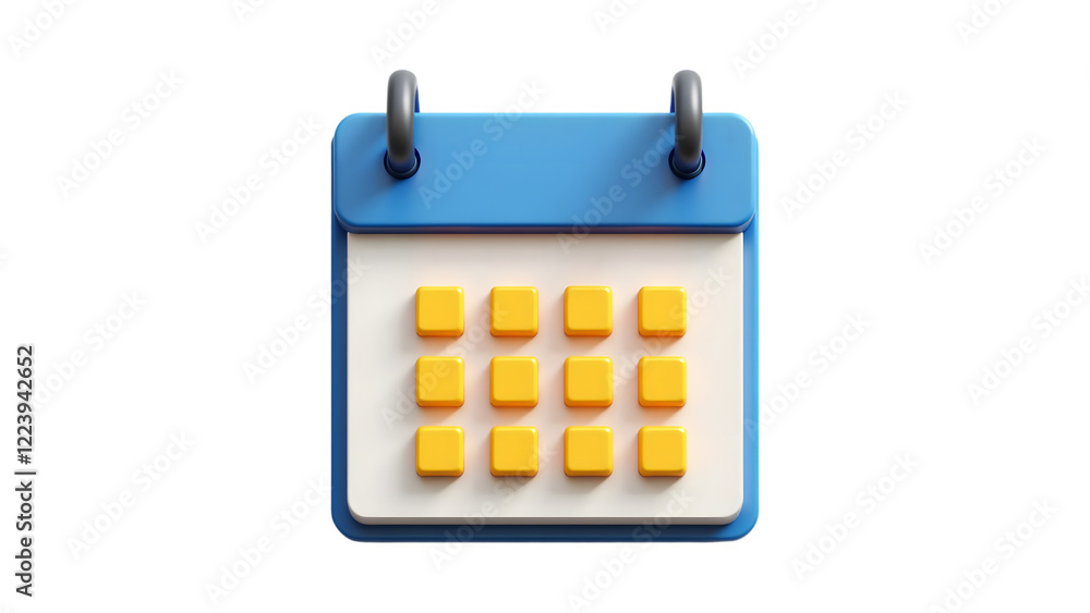 3D Render of a Minimalist Desk Calendar Icon with Blue and Yellow Design on White Background

