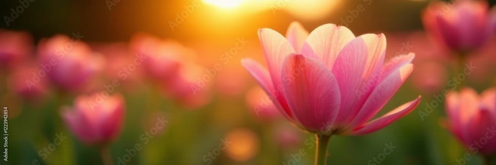 Soft pink petals unfolding in warm golden light, farm, dawn Soft pink petals unfolding in warm golden light, farm, dawn