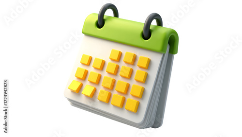 3D Render of a Minimalist Desk Calendar Icon with Green and Yellow Design on White Background

