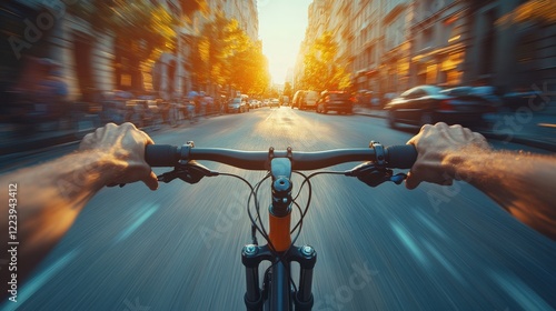 Dynamic View of Bicycle Ride Through City Streets at Sunset with Focusing on Cyclist's Hands and Modern Urban Environment photo