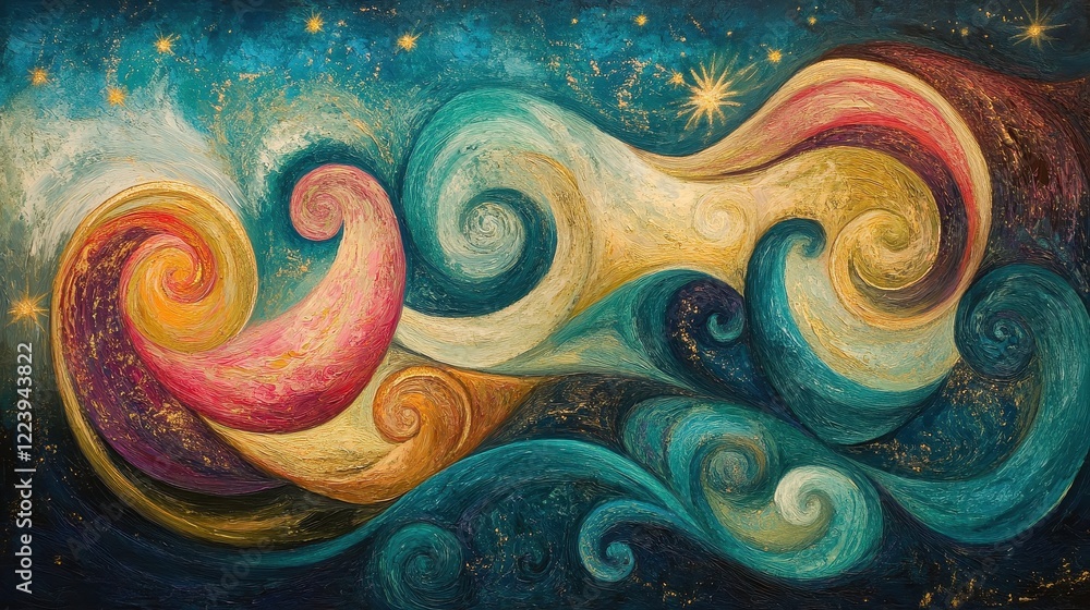 Obraz premium Abstract swirling painting, rich colors and gold accents. Ideal for spiritual, cosmic, or fantasy themes.