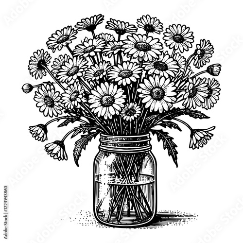 Daisy flower on jar sketch engraving black and white outline. Scratch board imitation.  illustrated in vintage line art style on a white background.