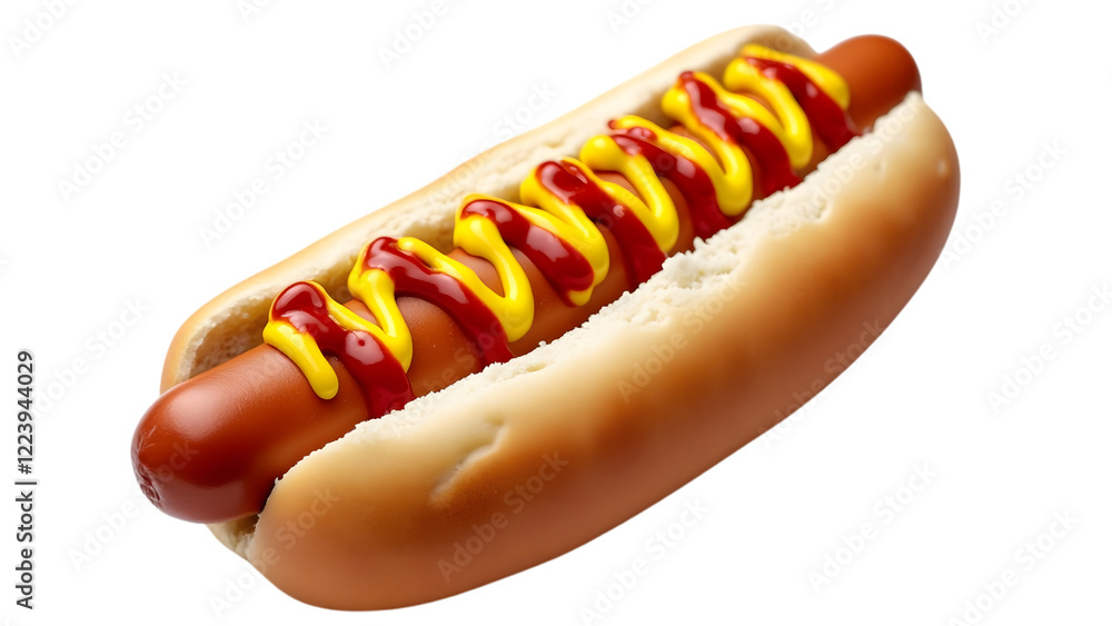 Classic Hot Dog with Ketchup and Mustard on a Soft Bun Isolated on White Background
Classic Hot Dog with Ketchup and Mustard on a Soft Bun Isolated on White Background