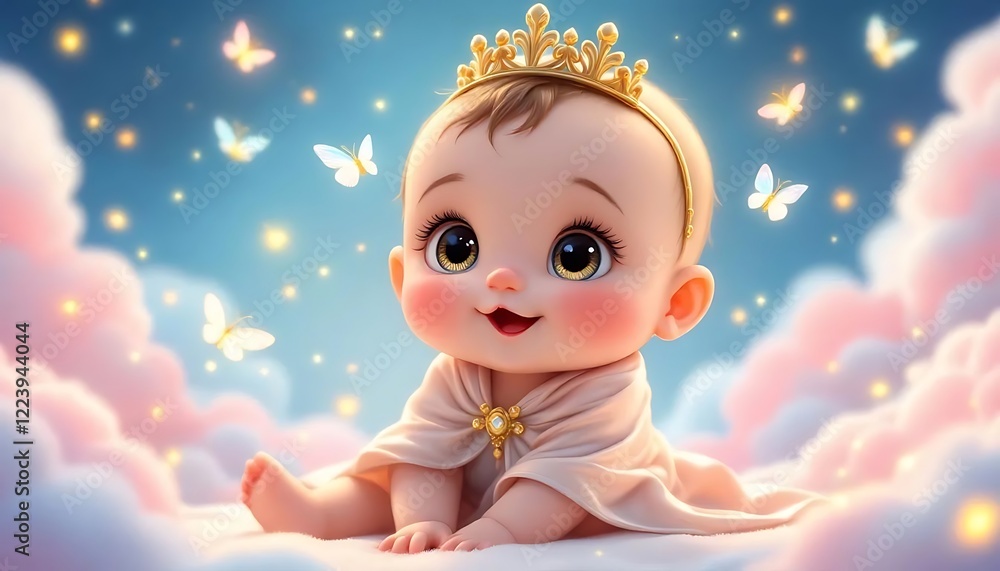 Adorable Baby Princess on Clouds with Butterflies: A Digital Artwork Adorable Baby Princess on Clouds with Butterflies: A Digital Artwork